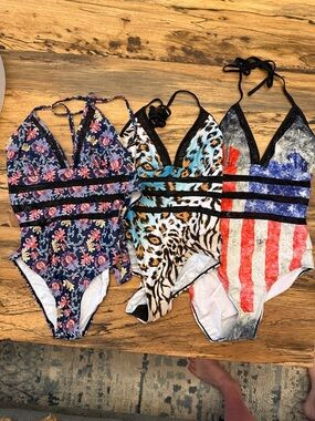 3 Printed One-Piece Swimsuits - Floral, Animal, Stars & Stripes